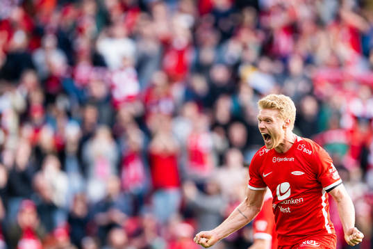 Sivert Heltne Nilsen of Brann celebrates scoring 2-1