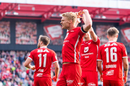 Sivert Heltne Nilsen of Brann celebrates scoring 2-1