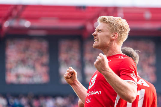 Sivert Heltne Nilsen of Brann celebrates scoring 2-1