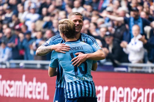 Djurgårdens Hampus Finndell och Victor Edvardsen jublar
