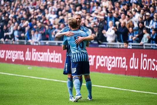 Djurgårdens Hampus Finndell och Victor Edvardsen jublar