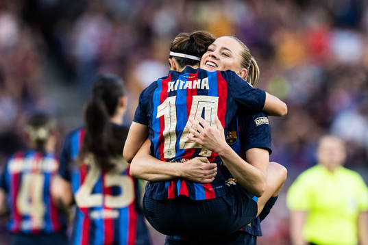 Aitana Bonmati and Fridolina Rolfö of Barcelona celebrate