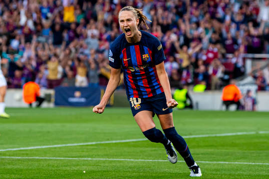 Caroline Graham Hansen of Barcelona celebrates