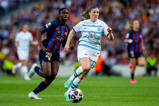 Asisat Oshoala of Barcelona and Maren Mjelde of Chelsea