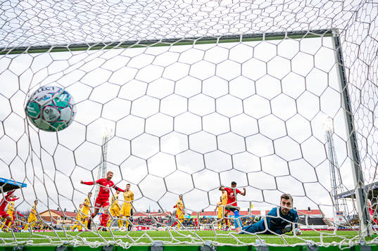 Niklas Jensen Wassberg of Brann scores the 0-1 goal behind