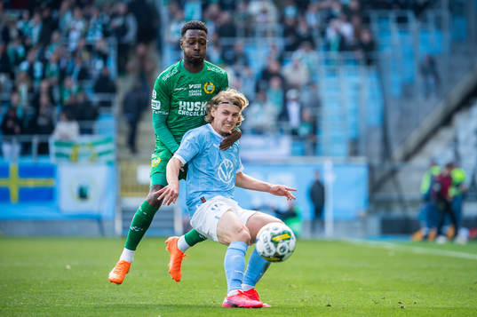 Hammarbys Shaquille Pinas och Malmö FFs Sebastian Nanasi