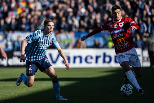 Djurgårdens Elias Andersson och Degerfors Peter Gwargis