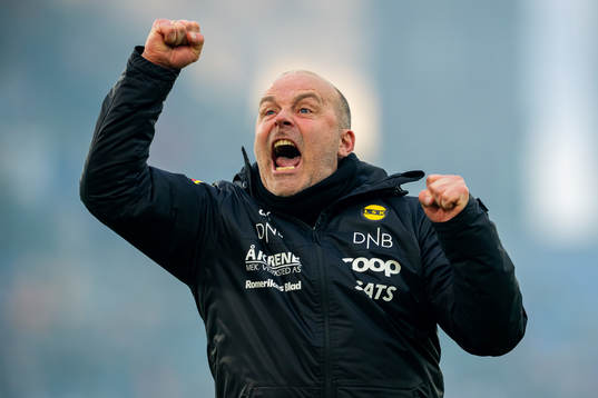 Geir Bakke, head coach of Lillestrøm, celebrates