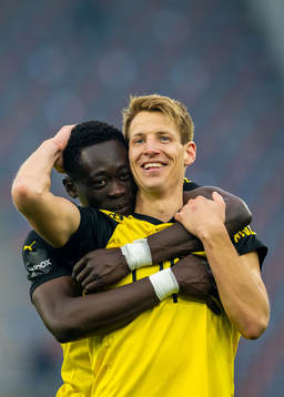 Akor Adams and Thomas Lehne Olsen of Lillestrøm celebrate