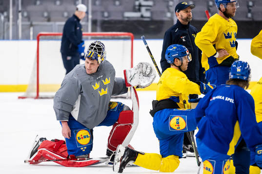 Goaltender Lars Johansson of Sweden at a practice session