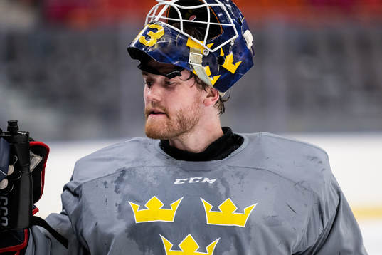 Goaltender Marcus Högberg of Sweden at a practice session