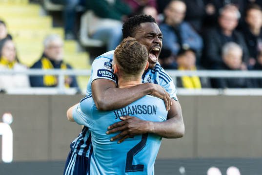 Djurgårdens Joel Asoro jublar med Piotr Johansson
