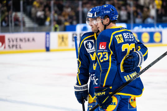 Rasmus Sandin and Lucas Raymond of Sweden celebrate