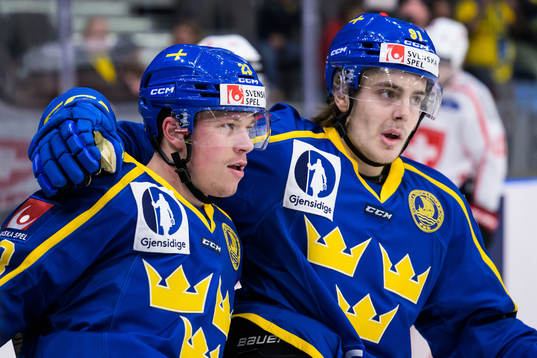 Lucas Raymond and Leo Carlsson of Sweden celebrate the 2-0