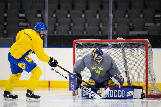 Jakob Silfverberg and goaltender Marcus Högberg of Sweden