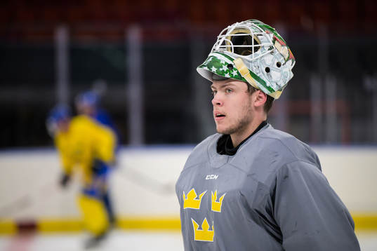 Goaltender Jesper Wallstedt of Sweden at a practice session