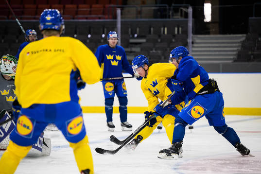 Lucas Raymond and André Petersson of Sweden at a practice