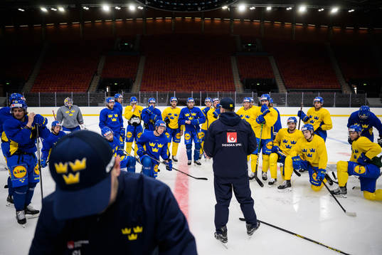 Players of Sweden listen to assistant coach Stefan Klockare