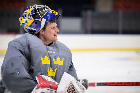 Goaltender Lars Johansson of Sweden at a practice session