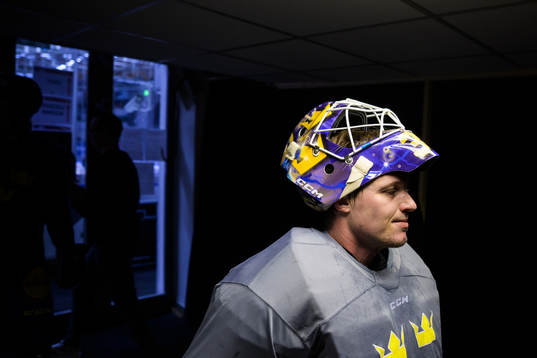 Goaltender Lars Johansson of Sweden at a practice session