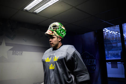 Goaltender Jesper Wallstedt of Sweden at a practice session