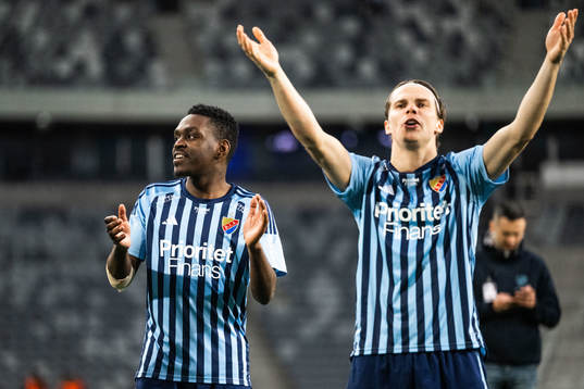 Djurgårdens Joel Asoro och Elias Andersson jublar