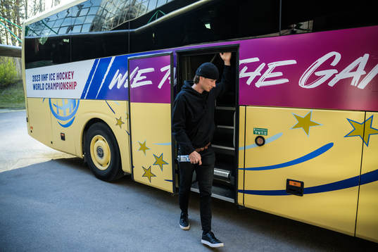 Goaltender Jacob Johansson of Sweden arrives to the team