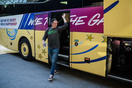 Rasmus Sandin of Sweden arrives to the team hotel