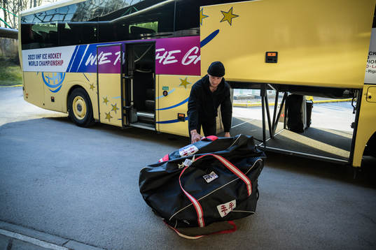 Goaltender Jacob Johansson of Sweden arrives to the team
