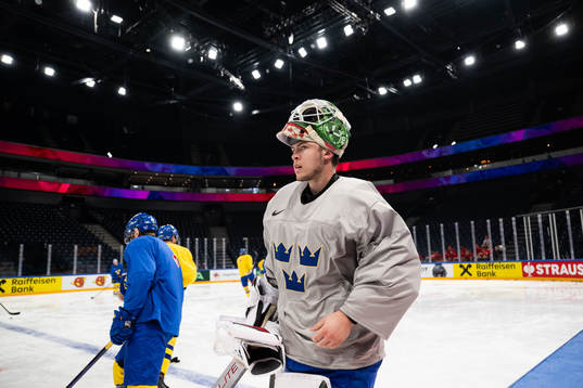 Goaltender Jesper Wallstedt of Sweden at a practice session