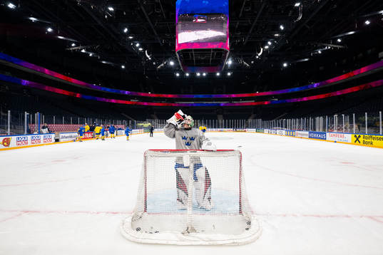 Goaltender Jesper Wallstedt of Sweden at a practice session