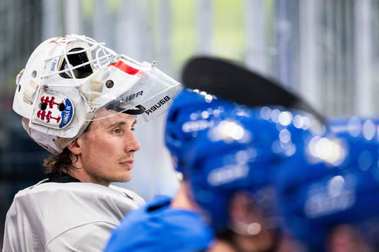 Goaltender Jacob Johansson of Sweden at a practice session