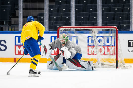 Marcus Sörensen and goaltender Jesper Wallstedt of Sweden