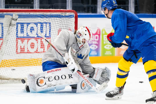 Goaltender Jacob Johansson and Lucas Raymond of Sweden at a