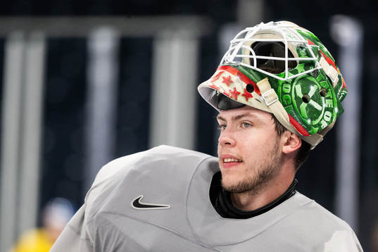 Goaltender Jesper Wallstedt of Sweden at a practice session