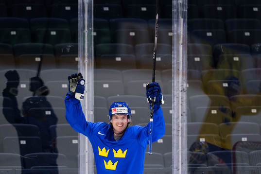 Rasmus Sandin of Sweden celebrates at a practice session