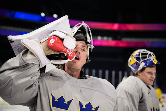 Goaltender Jacob Johansson of Sweden at a practice session