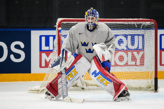 Goaltender Lars Johansson of Sweden at a practice session