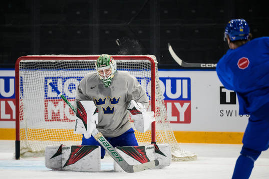 Goaltender Jesper Wallstedt of Sweden at a practice session