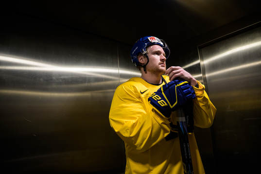 Carl Grundström of Sweden in an elevator to get to a