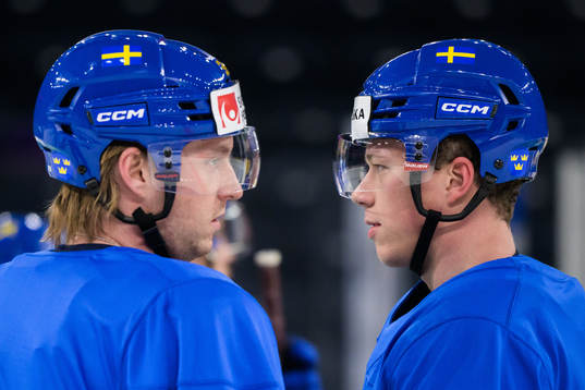 Rasmus Sandin and Lucas Raymond of Sweden at a practice