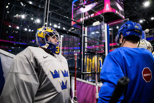 Goaltender Lars Johansson of Sweden at a practice session