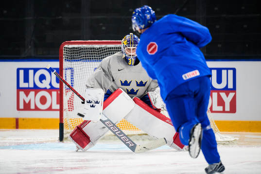 Goaltender Lars Johansson of Sweden at a practice session