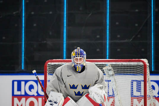 Goaltender Lars Johansson of Sweden at a practice session
