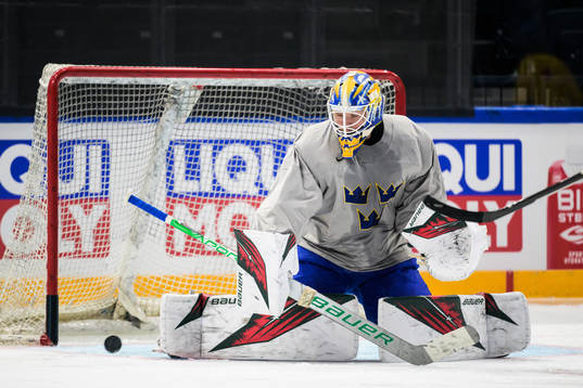Goaltender Jesper Wallstedt of Sweden at a practice session
