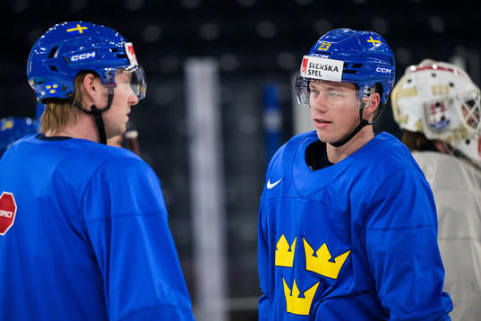Rasmus Sandin and Lucas Raymond of Sweden at a practice