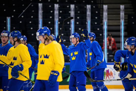 Lucas Raymond of Sweden celebrates at a practice session