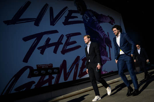 Jacob de la Rose and Dennis Everberg of Sweden arrive to