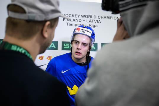 Leo Carlsson of Sweden is being interviewed by media at a