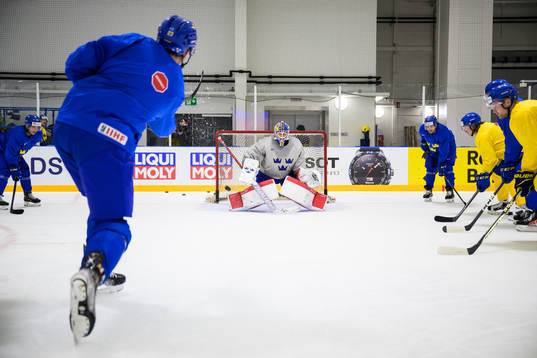 Lucas Raymond shoots against goaltender Lars Johansson of